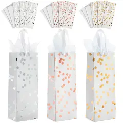 12-Pack Wine Gift Bags with Ribbon Handles and Tissue Paper for Wine Bottles, Liquor, Champagne, Sparkling Cider, Elegant Polka Dot Foil Designs (3 Colors, 13.8x5x4 in) White