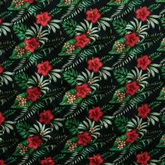 1 Yard Hibiscus Plumeria Tropical Leaves All Over Design Cotton Fabric, 100% Cotton, 36in L x 45in W Black/Red