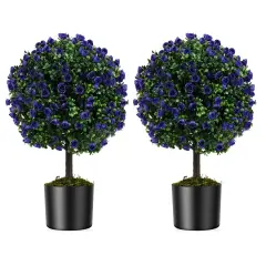 Costway Set of 2 Artificial Purple Rose Topiary Ball Trees 22" Faux Boxwood Ball Tree