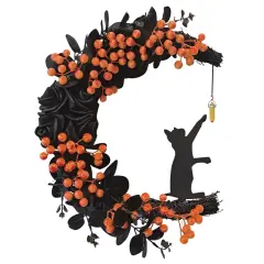 Black Cat Moon Door Decor with Lights - Halloween Wreath