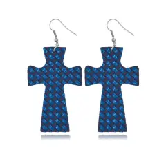 Glitter Marble Cross PU Leather Boho Dangle Earrings Blue