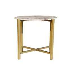 Brown Marble Side Table With Golden Metal Frame-21''Height