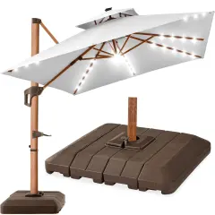 Best Choice Products 10ft Square Woodgrain Pattern 2-Tier Outdoor Solar LED Cantilever Umbrella w/ Base Fog Gray