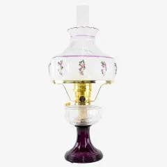 Aladdin Amethyst Lincoln Drape Table Oil Lamp with Rose Shade, Clear over Amethyst Glass with Brass Trim, Classic Vintage Design and Bright Illumination