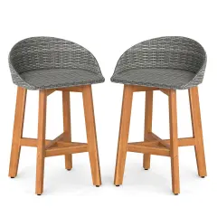 Costway Outdoor Faux Rattan Bar Chairs Set of 2/4 Solid Acacia Wood Bar Stools for Porch Brown/Gray