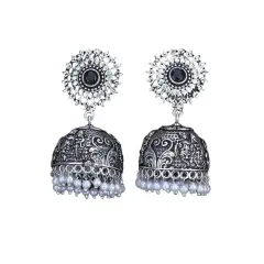 Indian Oxidized Jhumka Earrings for Women - Indian Floral Oxidized Jhumki Ethnic Chandbali Earrings Faux Pearls with Oxidized Platting Bollywood Style Dangle Earring Jewelry for Bride BLACK