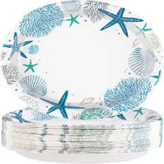 50Pcs Ocean Oval Paper Plates 10" x 12" Large Disposable Heavy Duty Blue Coastal