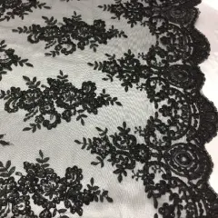 1 Yard Black Sequin Lace Fabric Polyester Blend Embroidered Mesh, 54&Prime; Wide for Evening Gowns, Bridal Wear