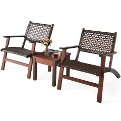 Costway 3PCSPatio Rattan Furniture SetSolid Eucalyptus Wood Frame Bistro Set with Coffee Table Patio Conversation Set (Brown)