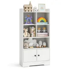 Costway Freestanding Bookshelf with Doors 2 Storage Cabinets and 5 Cubbies 2 Anti-tip Kits