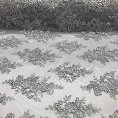 1 Yard Silver Sequin Lace Fabric with Embroidered Mesh and Scalloped Border