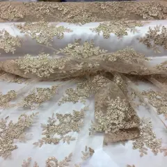 1 Yard Metallic Gold Sequin Lace Fabric 54" Wide Polyester Embroidered Mesh for Bridal & Evening Wear