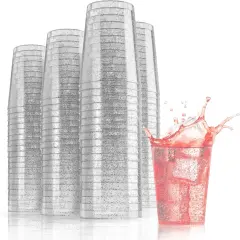 Exquisite Silver Plastic Cups Disposable, Clear Plastic Tumblers 10 Oz. 200 Ct. - Glitter Tumblers, Silver Glitter Cups Disposable For Party, Weddings, Cocktail Glasses & Wine Glasses