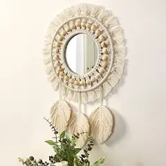 Hanging Wall Mirror-Boho Macrame Fringe Round Decorative Mirror with Wood Beads Feather Pendant，Art Ornament for Apartment Home Bedroom Living Room