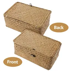 1 Basket with Lids: Seagrass Storage Woven Basket Straw Desktop Rattan 9 inch Hand- Woven Storage Basket Bins Container Organizer for Shelf Desktop Home Decor