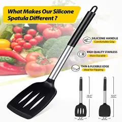 2 PCK Silicone Solid Turner,Non Stick Slotted Kitchen Spatulas,High Heat Resistant BPA Free Cooking Utensils,Ideal Cookware for Fish,Eggs,Pancakes (Black)