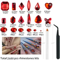 2680 Pieces 3D Red Nail Rhinestones, 120 Pieces Big Red Glass Crystal Nail Gems Stones Charms Stones with Bling Diamond Flatback Round Beads, Clear Charm Jewelry for DIY Face Craft Decoration