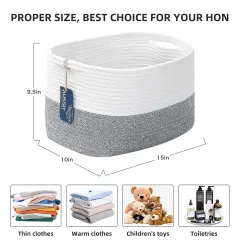 Storage Basket, Cotton Rope Woven Basket with Handles. Blanket Basket for Storing Clothes, Toys, Books, Shelves etc, 15''L x 10''W x 9.5''H, Gray/Off White