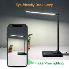 LED Desk Lamp, Eye-Friendly Dimmable Desk Light, 5 Light Colors, 6 Brightness Levels, Touch Control Table Lamp with USB Charging Port, Night Light, Auto Timer, for Dorm, Home, Office(Black)