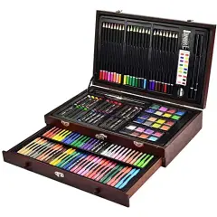 145 Piece Deluxe Art Set, Wooden Box & Drawing Kit with Crayons, Oil Pastels, Colored Pencils, Watercolor Cakes, Sketch Pencils, Paint Brush, Sharpener, Eraser, Color Chart (Cherry)