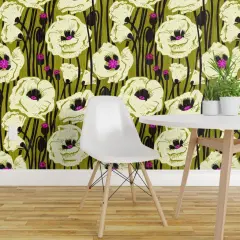 Pre-Pasted Wallpaper 2FT Wide Bold Floral Retro Modern Farmhouse Rustic Distressed Faux Texture Faded Jewel Tone Cottage Hand Drawn Colorful Flowers Botanical Boho Bohemian Custom Pre-pasted Wallpaper by Spoonflower