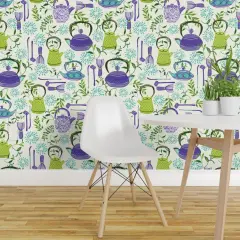 Pre-Pasted Wallpaper 2FT Wide Traditional Tea Time Matcha Japanese Ceremony Lilac Floral Botanical Green Teapots Leaves Whisk Purple Bohemian Custom Pre-pasted Wallpaper by Spoonflower