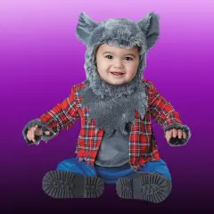 Infant Wittle Werewolf Costume with Fur Hood and Plaid Shirt