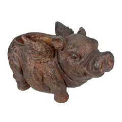 Flying Pig Planter 17" Brown, With Drain Hole, Rustic Indoor Outdoor Decor