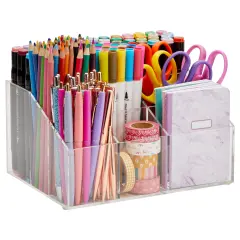 7 Compartment Desktop Organizer, Clear Acrylic Pen Holder (8.7 x 6.5 x 4.52 In)