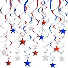 Red Blue Silver Star Hanging Swirl Decorations (Pack of 15)
