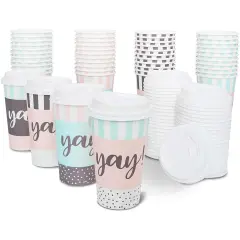 48 Pack Disposable 16oz Coffee Cups with Lids - YAY Party Supplies - Paper To Go Cup for Themed Birthday Party, Wedding, Baby Shower Multicolor