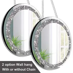 2 Pack Crystal Crush Diamond Silver Mirror Diameter 12 inch Round Shape with Iron Chain Real Glass Mirror for Wall Decor