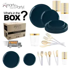 Navy Flat Round Disposable Plastic Tableware Set (120 Settings)