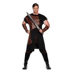Mens Brown Dragon Slayer Costume Tunic Pants Vinyl Arm Cuffs