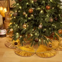 Luxury Gold Scalloped Christmas Tree Skirt, 48-Inch Holiday Tree Base Cover with Sequins and Pleated Trim