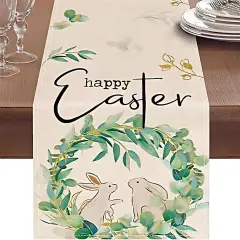 Easter Table Runner, Bunny Rabbit Flowers Leaves Green Easter Table Runners 72 Inches, Farmhouse Spring Kitchen Dining Table Decoration for Home Party Decor