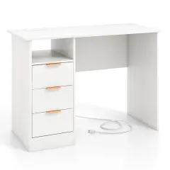 White Home Office Desk with Power Outlet 3 Storage Drawers and Open Compartment