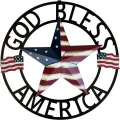 God Bless America Metal Star Hanging Welcome Signs Wall Decor Front Door Wreaths Garden Fence Patio Porch Yard Indoor Outdoor Patriotic Decorations 13''H
