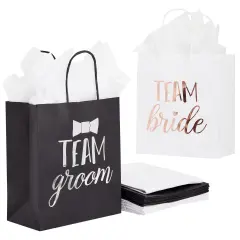 20 Pack Bride and Groom Gift Bags with Tissue Paper for Wedding, Groomsmen, Bridesmaid, Reads Team Bride and Team Groom (8 x 4 x 9 In)