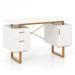 White 51 Inch Dual Drawer Computer Desk with Floating Desktop and X-Shaped Metal Frame