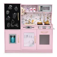 Costway Kid's Pretend Play Kitchen Toddler Kitchen Playset with Blackboard Pink/White/Light Pink/Beige