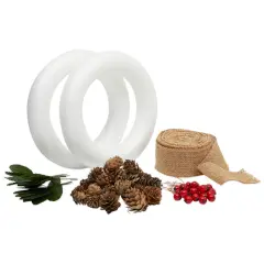 8 inch Wreath DIY Kit with 2 Craft Foam Rings, Burlap Ribbon, Berries, Pinecones (75 Pieces Set) Brown