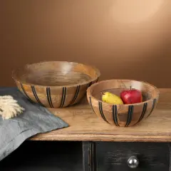Handcrafted Large Wood Bowl with Black Vertical Lines