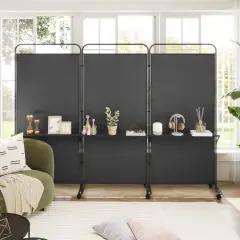 3-Panel Folding Room Divider with 3 Metal Shelves and Lockable Wheels Black