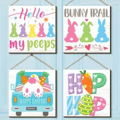 4 Pcs Happy Easter Door Sign Wooden Bunny Rabbit Easter Wreaths Welcome Door Sign Wall Hanging Plaque Farmhouse Easter Decorations Wall Pediments Wreath for Home Front Porch Door Decor