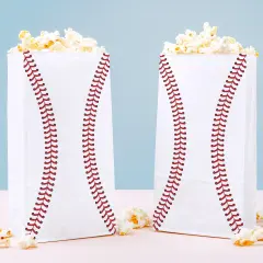 Big Dot of Happiness Baseball Popcorn Bags, Kids Sports Birthday Party Favor Snack Treats, Free-Standing Individual White Paper Bags - 25 Count