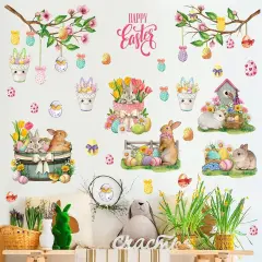 Happy Easter Wall Stickers Bunny Rabbit Wall Decals Peel and Stick Wall Art Decal Easter Egg Wall Decal Spring Flower Tree Branch Window Clings for Kids Room Nursery Living Room Kitchen Decor Gifts