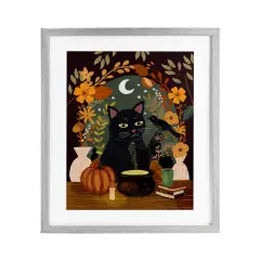 Autumnal Cat & Cauldron Framed Print Under Glass Art Gray