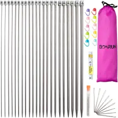 Knitting Needle Set, 22PCS 2mm(B)-8mm(L) Straight Single Pointed Stainless Steel Sweater Needles Set(11Pair-11 Size,9.8 inch) with Locking Stitch Makers Large-Eye Needles Measure Tape (36CM)