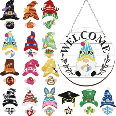 Gnome Diamond Art Decoration Holiday Spring Easter Interchangeable Gnome Seasonal Welcome Sign DIY Hanging Front Door Decor with Magnet Detachable Hat and Hand